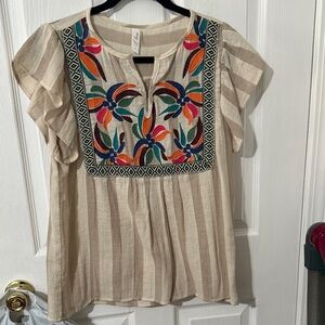 Striped Beige Blouse with Colorful Embroidery